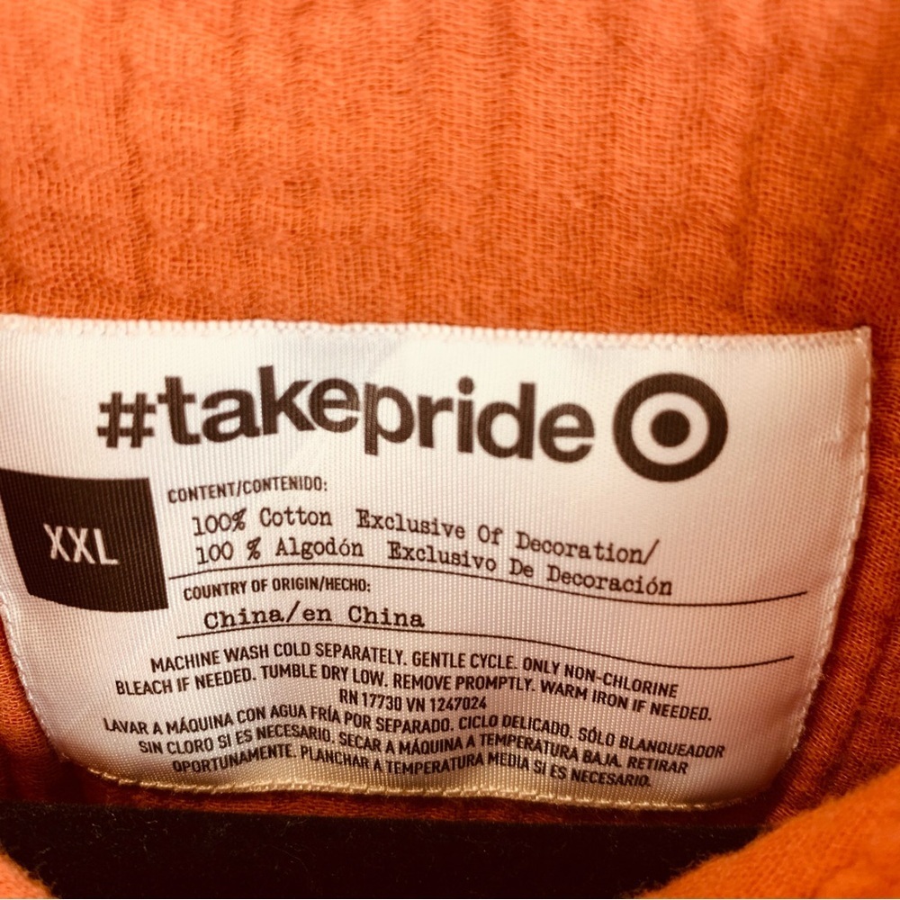 Pride Target Orange Cotton Rainbow Patch Button-Down Shirt Top Adult Unisex XXL - Picture 6 of 7